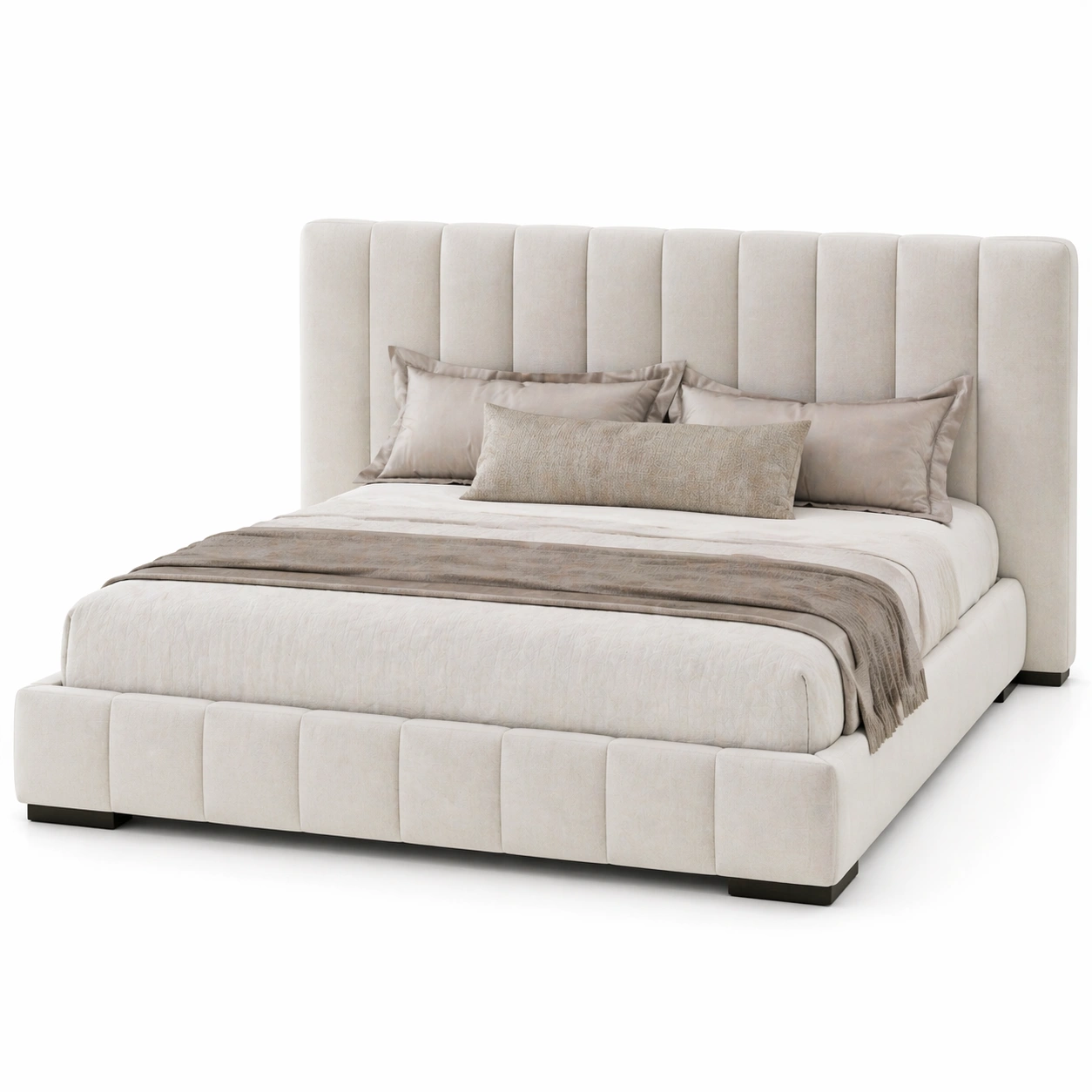 Cama king size tapizada en tela beige clara con cabecero acolchado elegante y diseno moderno perfecta para dormitorio principal comoda resistente y estilosa con lineas minimalistas funcional-loftlyn
