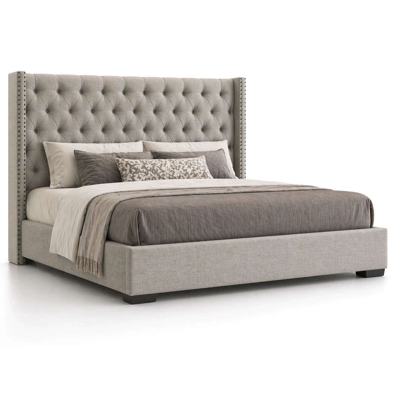 Cama king size tapizada gris con cabecero capitone elegante y diseno moderno perfecta para dormitorio principal comoda funcional resistente y sofisticada ideal para interiores contemporaneos-loftlyn
