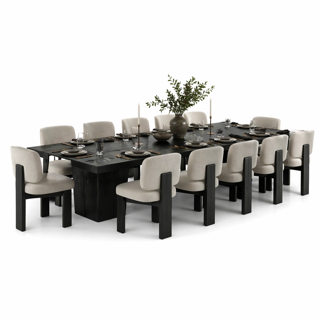 Mesa de comedor rectangular clara de madera con 12 sillas tapizadas en tono beige claro para espacios familiares o salas de reuniones modernas con acabado ligero y superficie resistente de facil mantenimiento y dise?o minimalista sofisticado-loftlyn