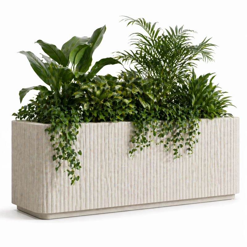Maceta rectangular grande con textura estriada y plantas verdes variadas para interiores y exteriores con dise?o moderno y acabado en color beige claro ideal para decoraci?n de hogar u oficina con resistencia a la intemperie y f?cil mantenimiento-loftlyn