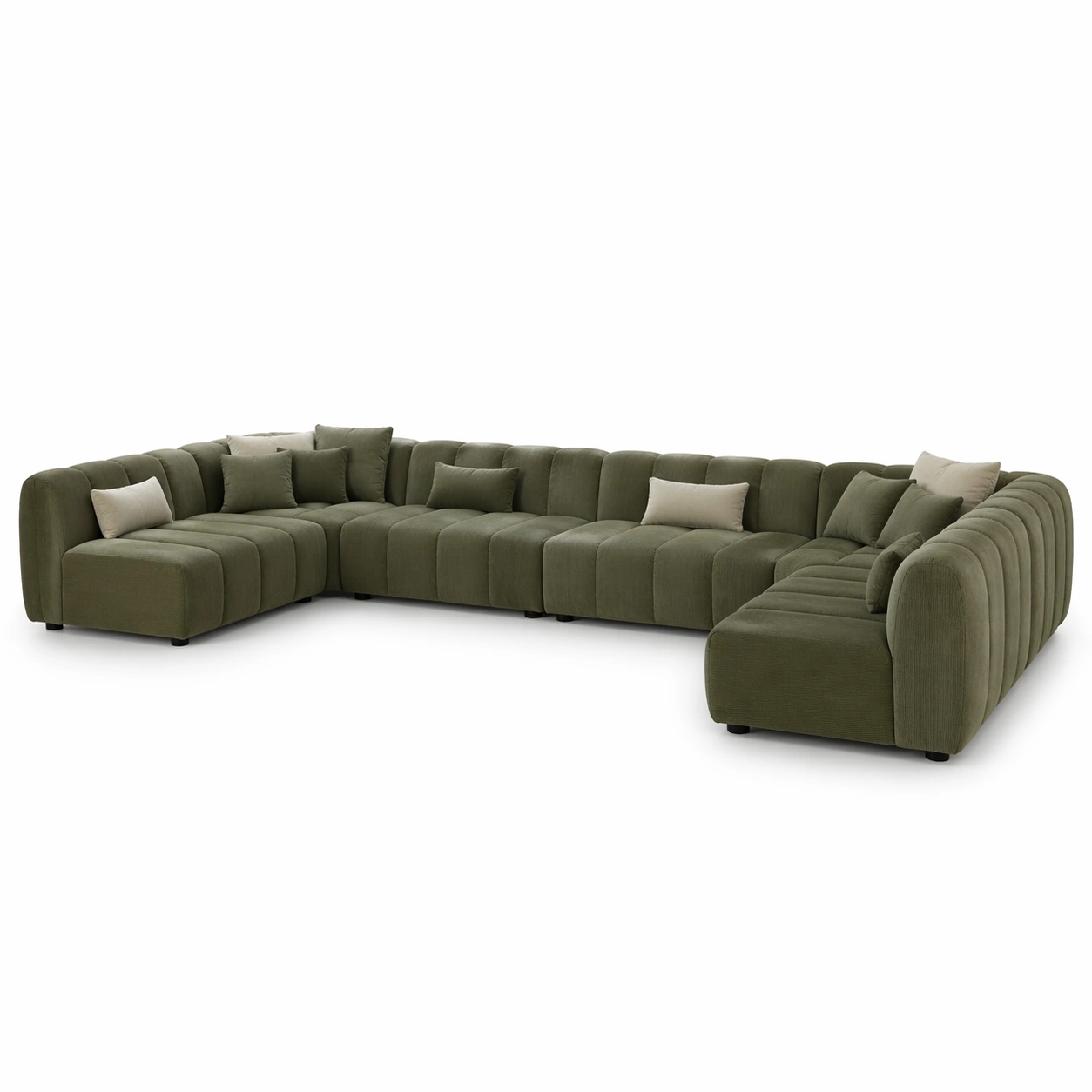 Sofa esquinero modular verde oliva con multiples cojines de soporte suave y estructura resistente ideal para salones contemporaneos de lujo-loftlyn