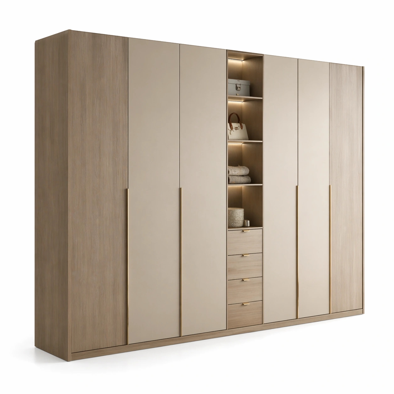 Armario Beige Moderno con Estantes Abiertos Iluminados, Cuatro Puertas y Cajones Inferiores, Exhibidor de Accesorios, Organizaci?n de Ropa, Estilo Contempor?neo para Dormitorio Elegante-homviae