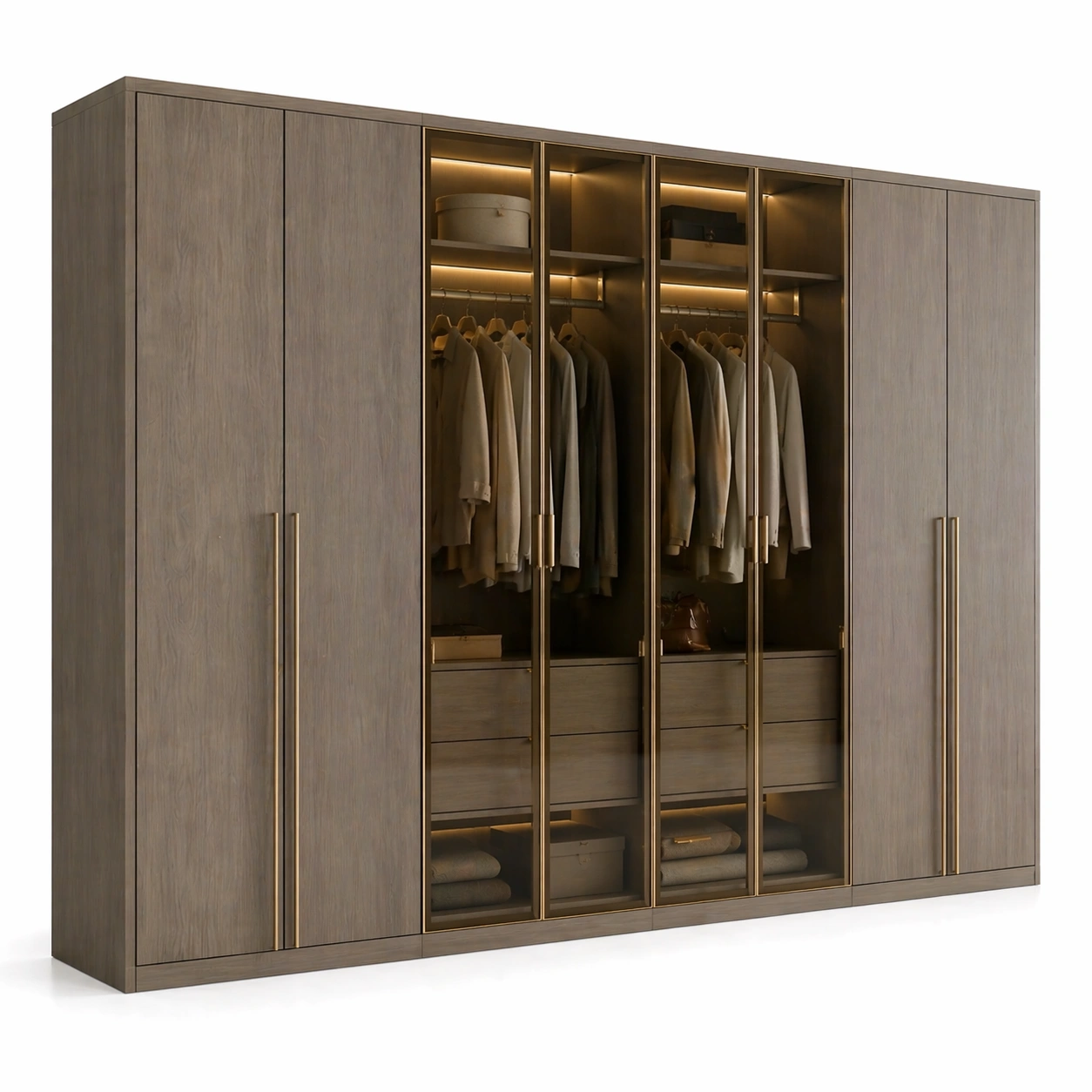 Armario Madera Oscura con Puertas de Cristal y Luces LED, Amplio Espacio para Ropa Colgada, Estantes y Cajones, Dise?o Elegante y Moderno, Ideal para Dormitorio Organizado y Decorativo-homviae