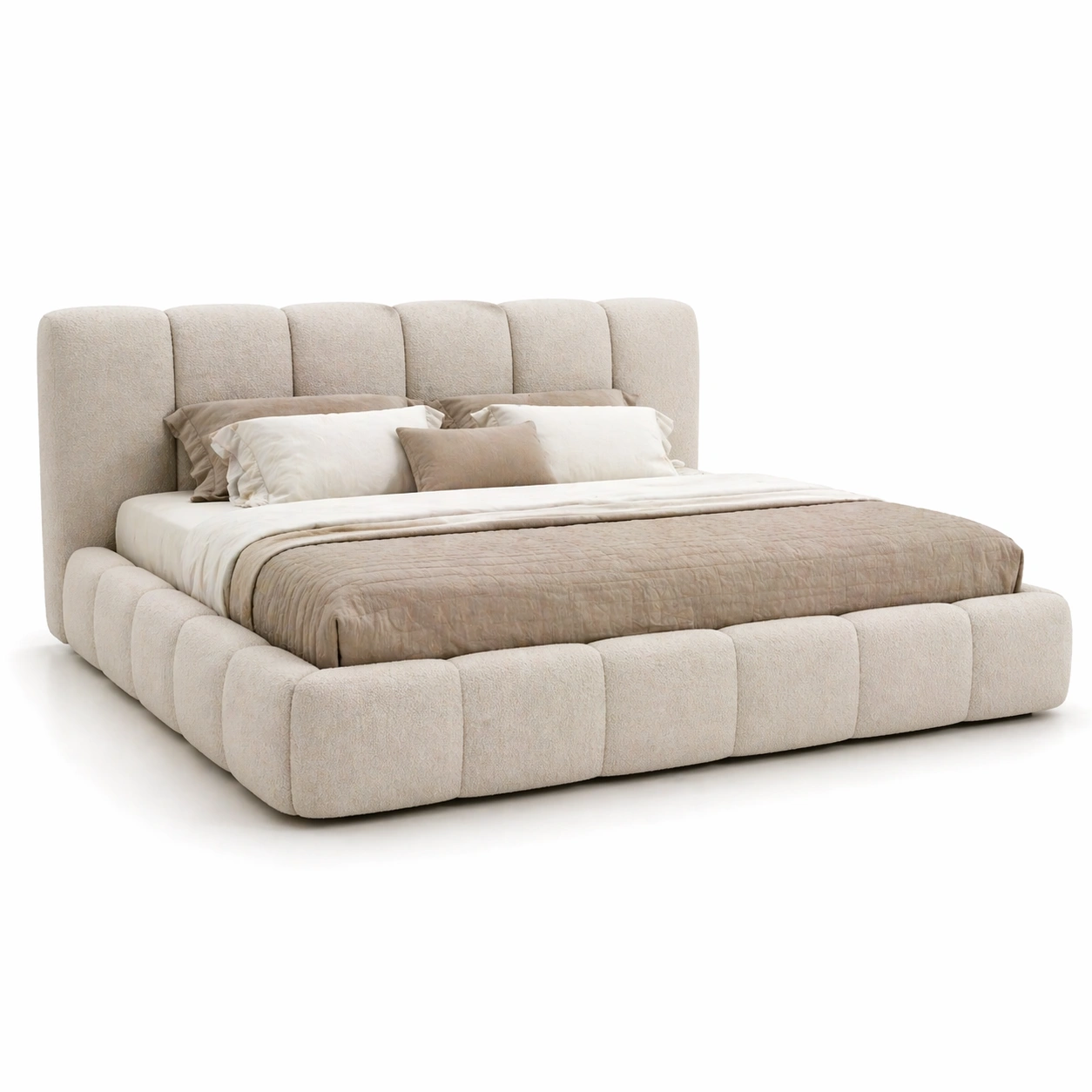 Cama moderna beige acolchada completa con cabecero alto elegante y confortable para dormitorio contemporaneo de lujo con estilo acogedor-homviae