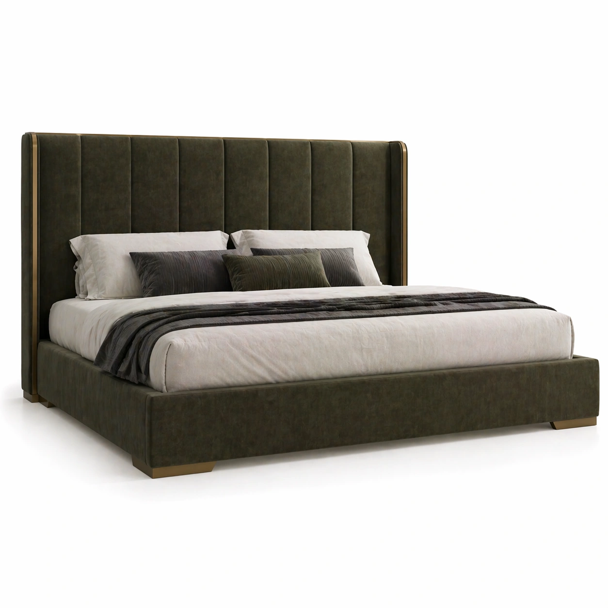 Cama verde oscuro con cabecero vertical acolchado elegante y base robusta de lujo para dormitorio moderno confortable y sofisticado de alta calidad-homviae