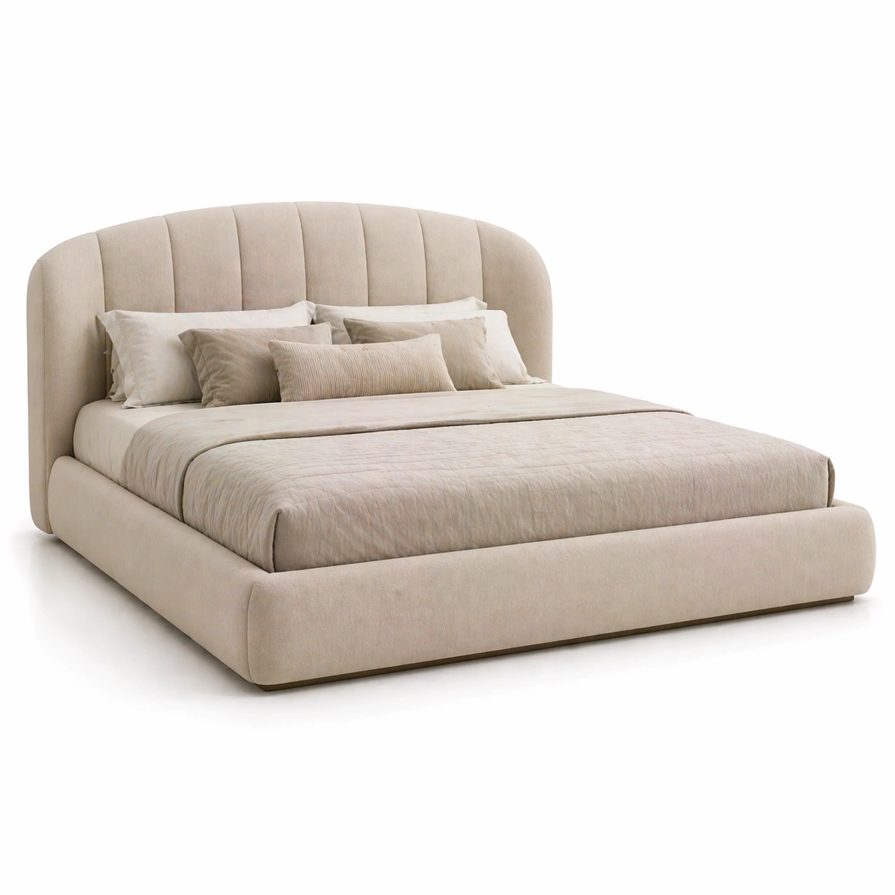 Cama beige con cabecero redondeado acolchado y base de madera estable para dormitorio moderno confortable y elegante con estilo acogedor y contemporaneo-homviae