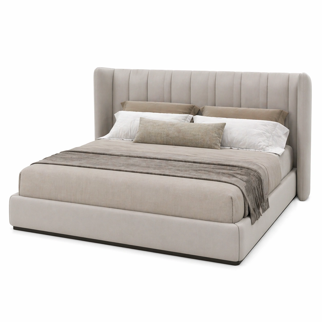 Cama beige moderna con cabecero alto y bordes redondeados acolchada y confortable con estilo elegante para dormitorio contemporaneo de lujo y decoracion sofisticada-homviae