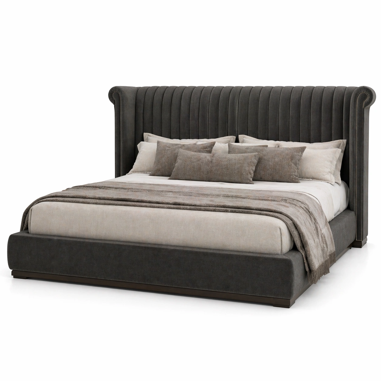 Cama gris oscuro estilo Chesterfield con cabecero alto acolchado vertical elegante y confortable para dormitorio moderno de lujo con dise?o sofisticado y duradero-homviae