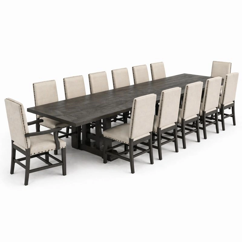 Conjunto de comedor moderno grande con mesa rectangular oscura y doce sillas tapizadas elegantes confortables para reuniones familiares y cenas de lujo-homviae