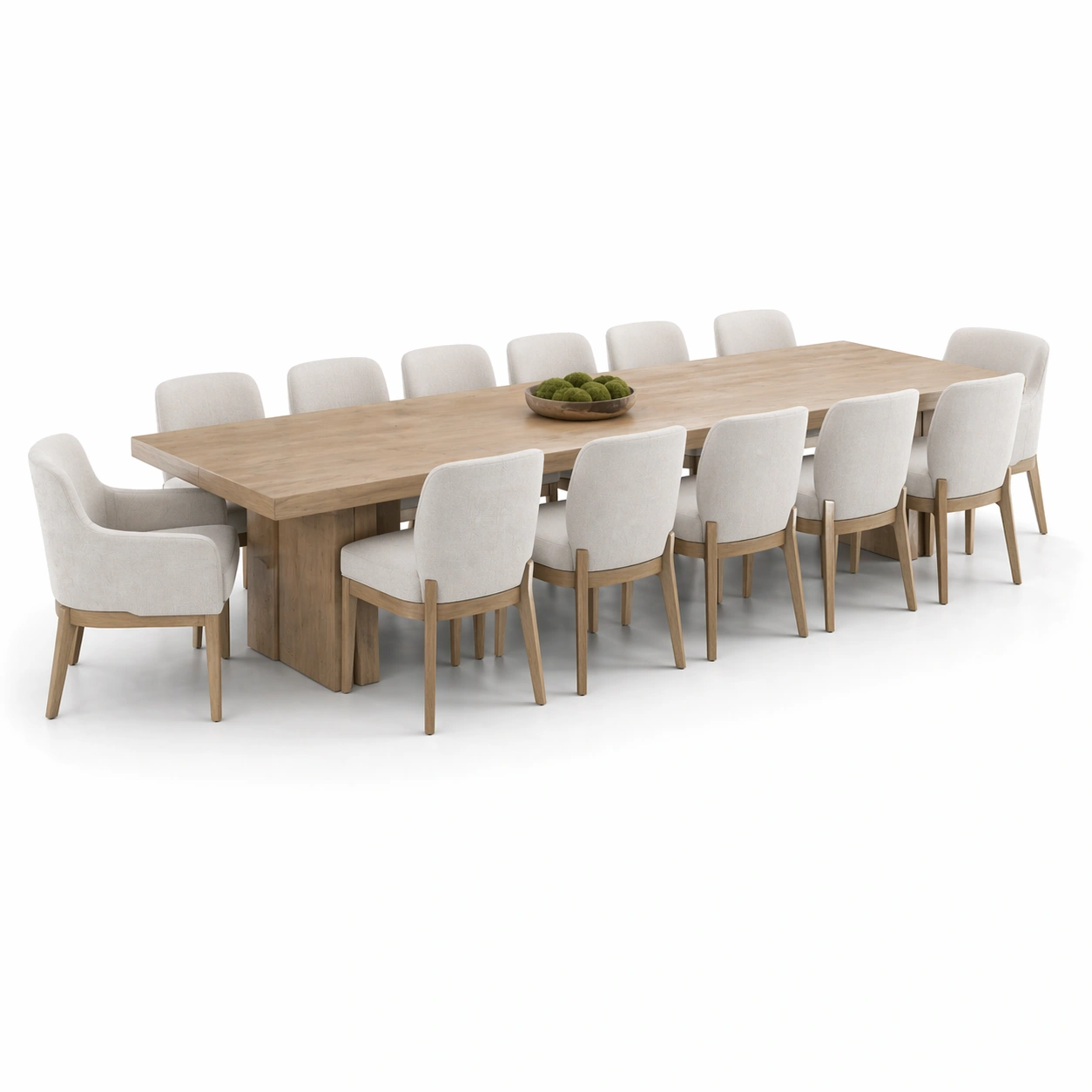 Mesa de comedor grande clara con base robusta y doce sillas tapizadas beige modernas confortables para espacios amplios y reuniones familiares elegantes-homviae