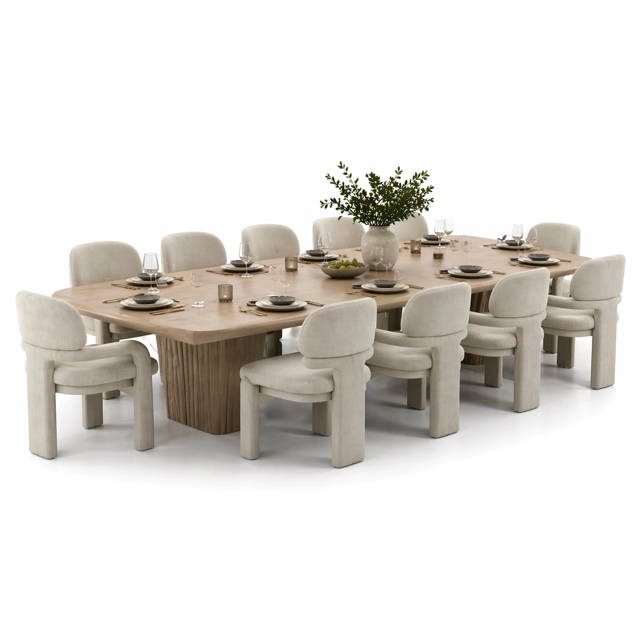 Conjunto de comedor moderno claro con mesa rectangular madera natural y doce sillas acolchadas tapizadas estilo contemporaneo confortable para hogar-homviae