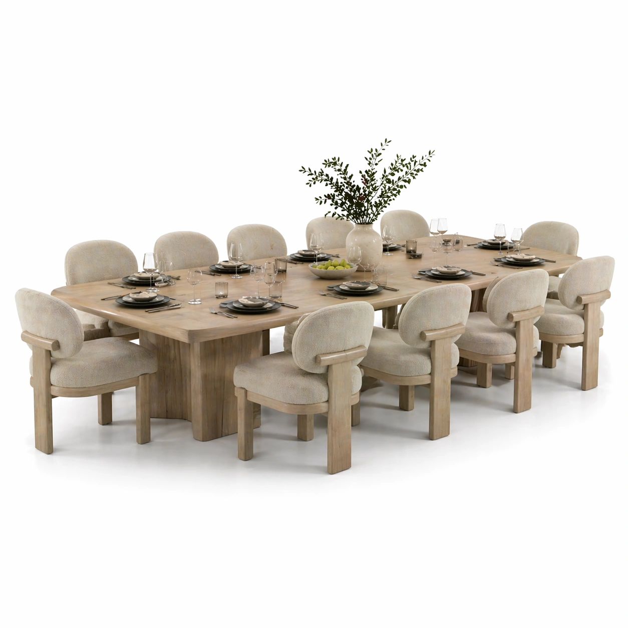 Mesa de comedor moderna clara con base central robusta y doce sillas tapizadas acolchadas confortables para reuniones familiares y cenas con estilo elegante-homviae