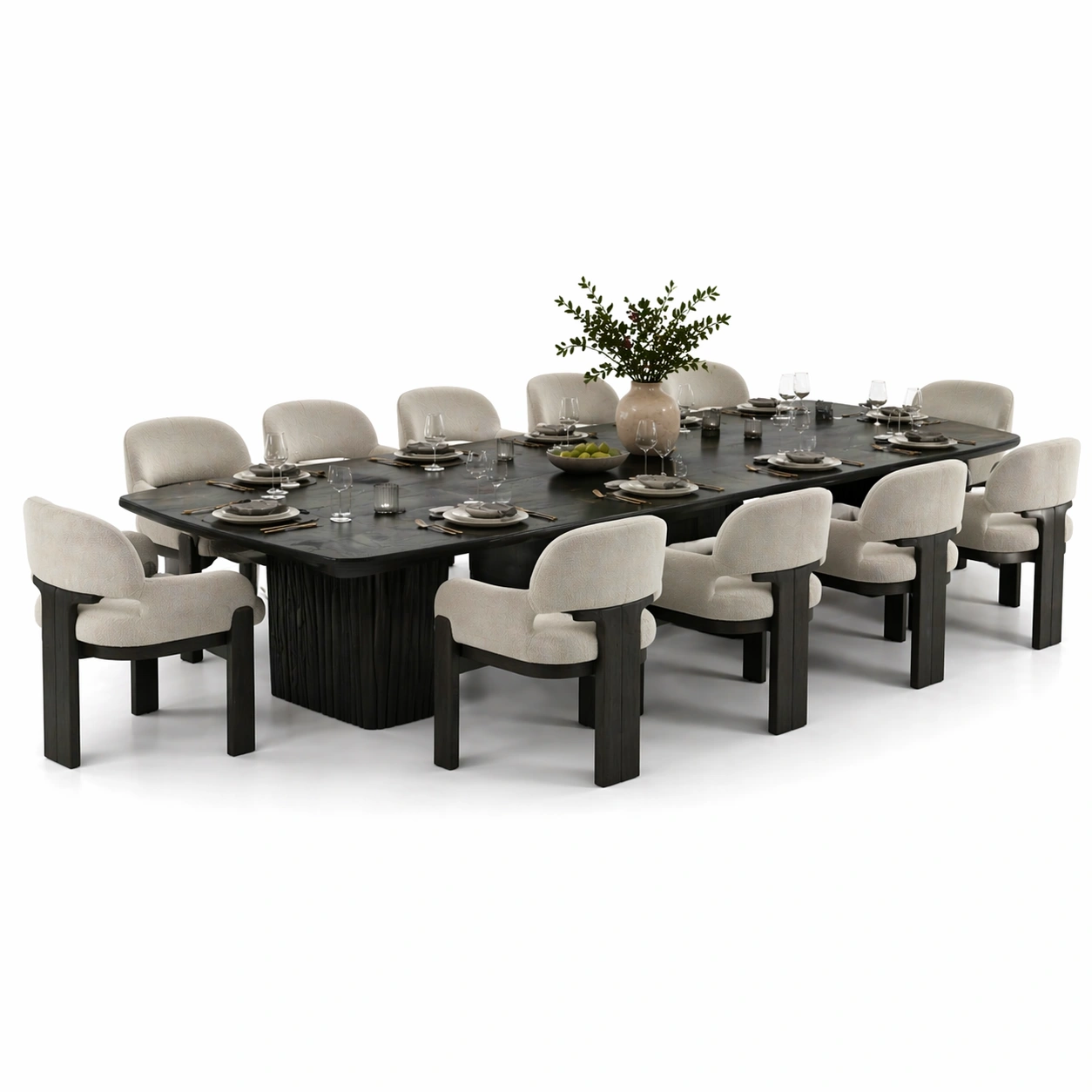 Conjunto comedor madera clara con mesa rectangular amplia y doce sillas tapizadas modernas confortables para cenas familiares elegantes y reuniones en casa-homviae