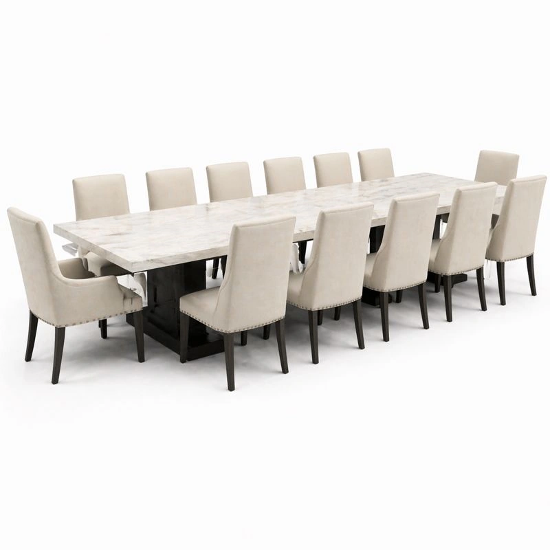 Mesa de comedor grande oscura con base central y doce sillas acolchadas tapizadas confortables estilo moderno elegante para cenas y reuniones familiares-homviae