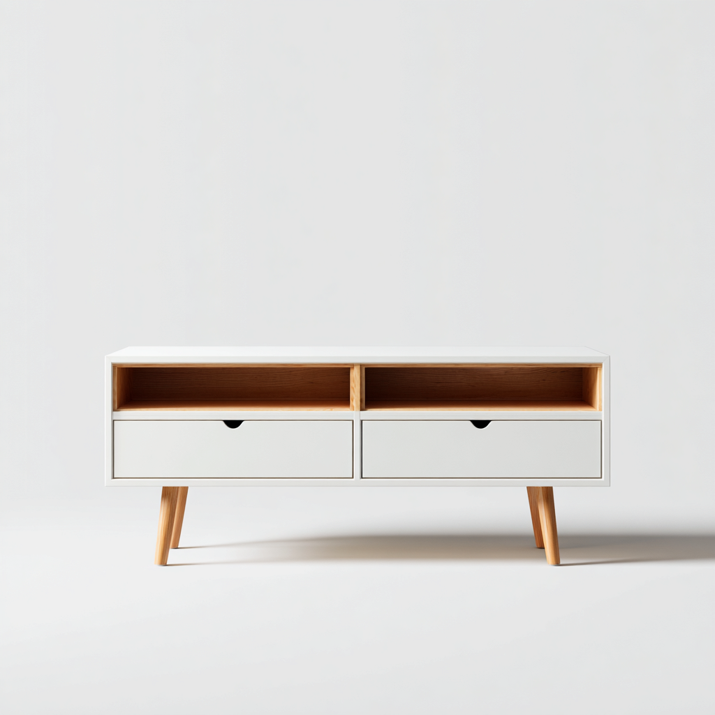 Szafka RTV z płyty MDF i drewna 120x40x60 cm - biała - dąb naturalny - do salonu - nowoczesny skandynawski design-Vamonoroom