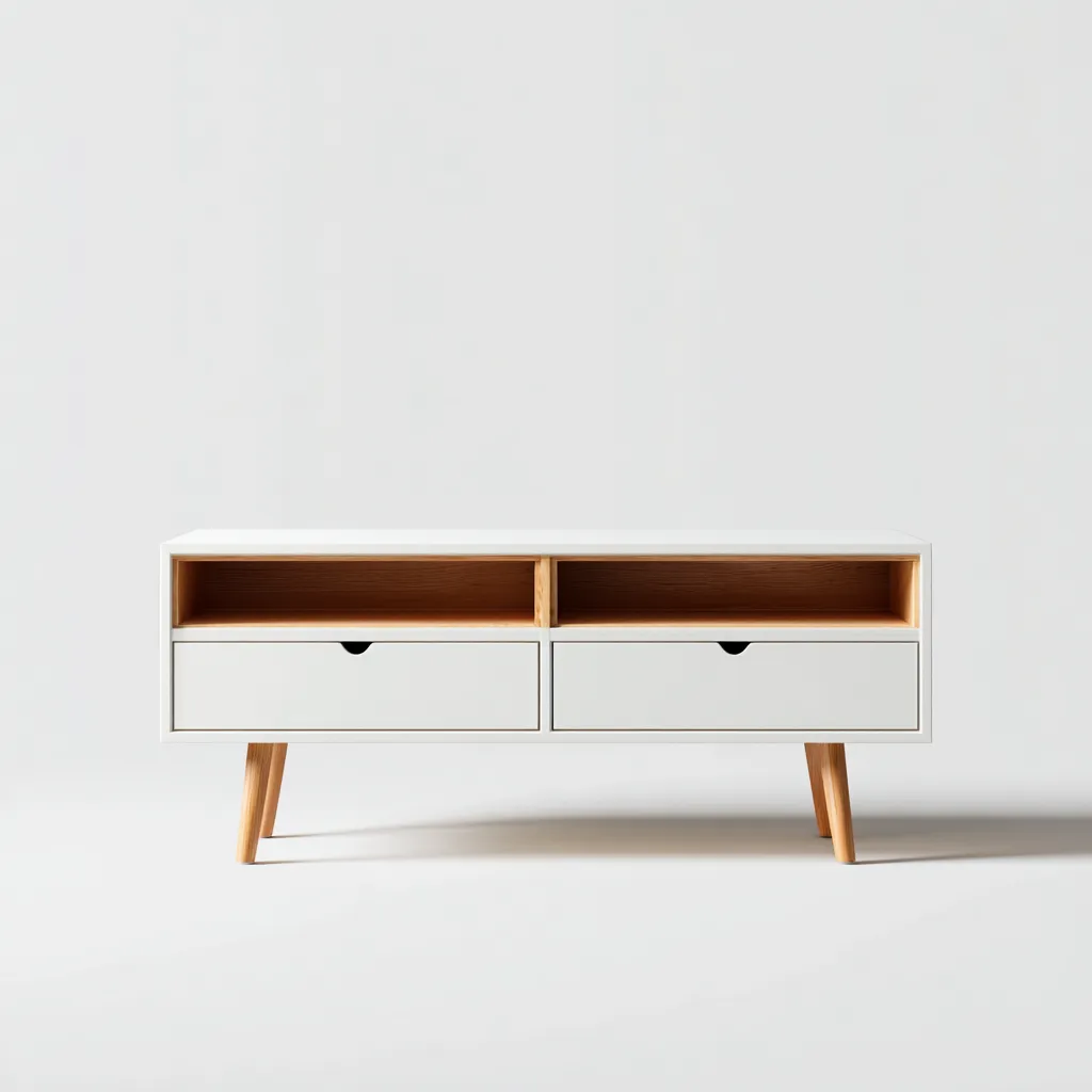 Szafka RTV z płyty MDF i drewna 120x40x60 cm - biała - dąb naturalny - do salonu - nowoczesny skandynawski design-Vamonoroom