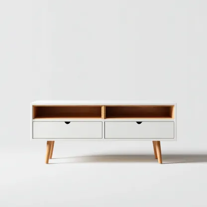 Szafka RTV z płyty MDF i drewna 120x40x60 cm - biała - dąb naturalny - do salonu - nowoczesny skandynawski design-Vamonoroom