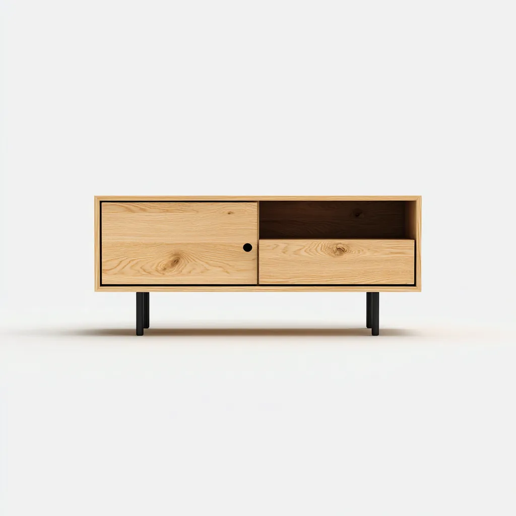 Szafka RTV z płyty MDF i metalu 140x40x55 cm - dąb jasny - czarny - do salonu - z szufladą i przesuwanymi drzwiami - nowoczesny design-Vamonoroom