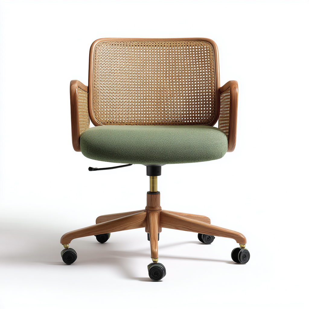 Krzesło biurowe z siedziskiem z tkaniny i oparciem z rattanu 65x62x88 cm - zielone - do pracy biurowej - styl naturalny-Vamonoroom