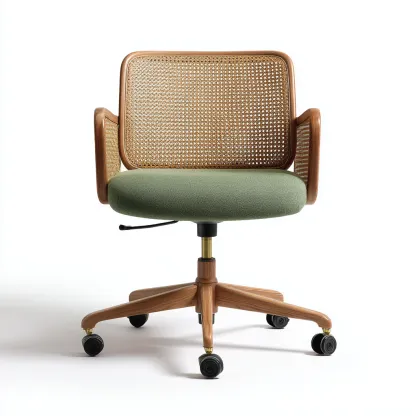 Krzesło biurowe z siedziskiem z tkaniny i oparciem z rattanu 65x62x88 cm - zielone - do pracy biurowej - styl naturalny-Vamonoroom