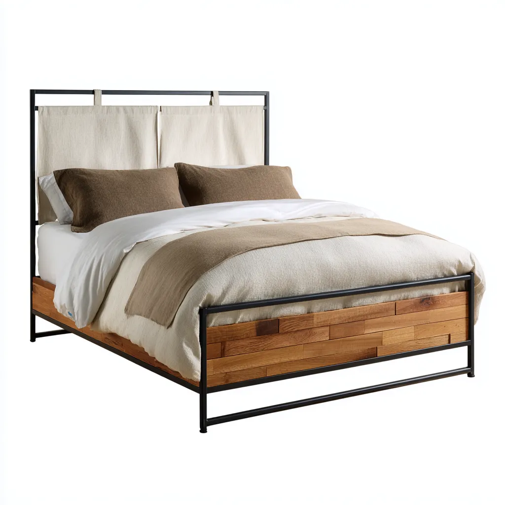 Łóżko podwójne drewniano-metalowe 200x180x110 cm - kolor naturalnego drewna z beżowym zagłówkiem - do sypialni - nowoczesny design-Vamonoroom