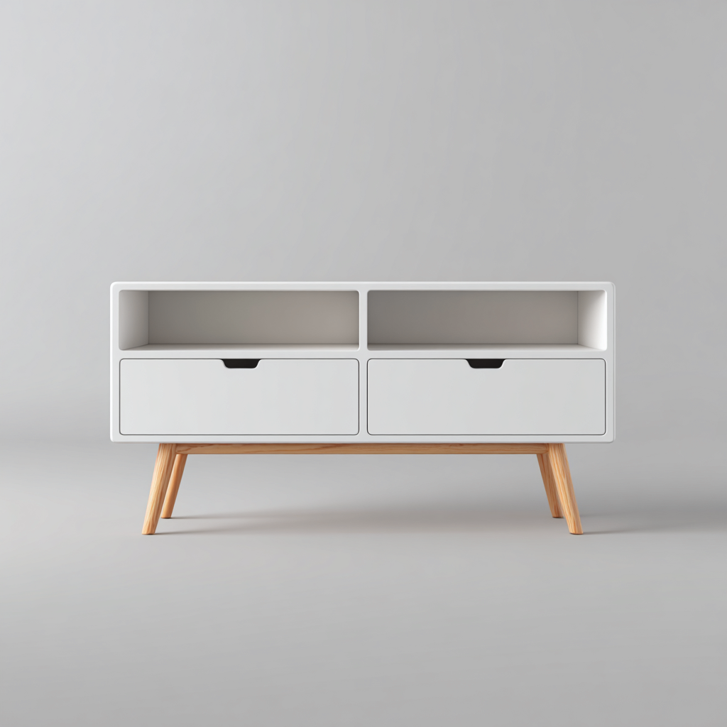 Szafka RTV z płyty MDF i drewna 120x40x60 cm - biała - dąb - do salonu - nowoczesny skandynawski design-Vamonoroom