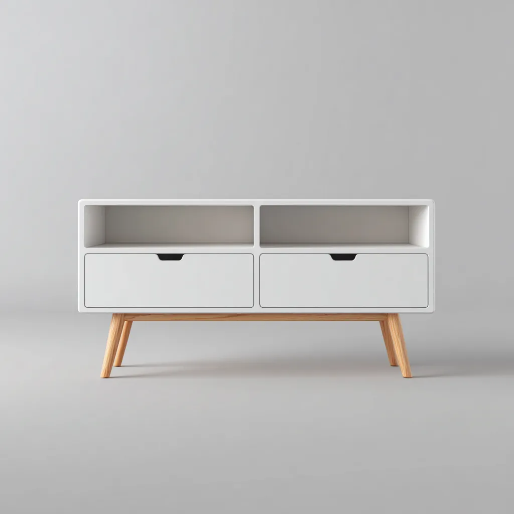 Szafka RTV z płyty MDF i drewna 120x40x60 cm - biała - dąb - do salonu - nowoczesny skandynawski design-Vamonoroom