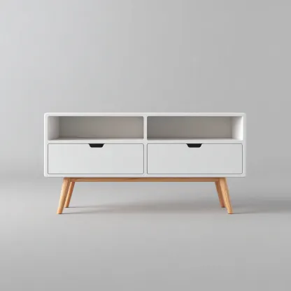 Szafka RTV z płyty MDF i drewna 120x40x60 cm - biała - dąb - do salonu - nowoczesny skandynawski design-Vamonoroom