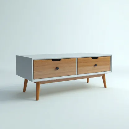 Szafka RTV z płyty MDF i forniru dębowego 120x45x50 cm - biała - dąb - do salonu - nowoczesny styl skandynawski-Vamonoroom