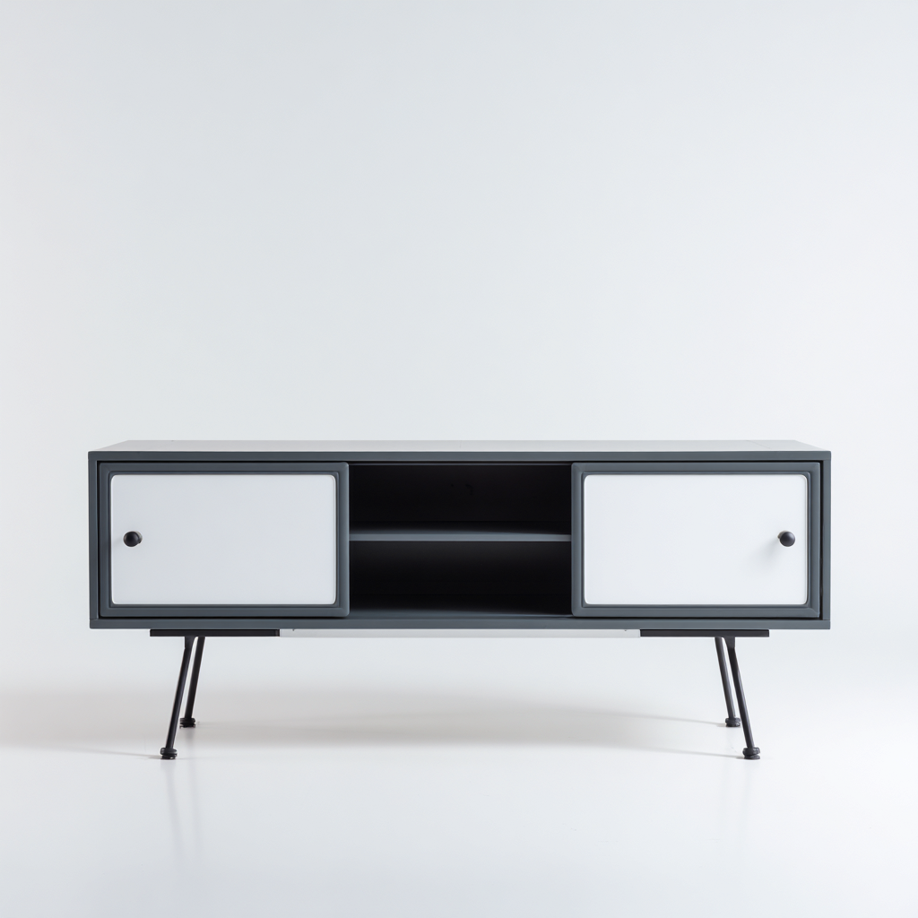 Szafka RTV z płyty MDF i metalu 140x40x55 cm - szaro-biała - do salonu - nowoczesny minimalistyczny design-Vamonoroom