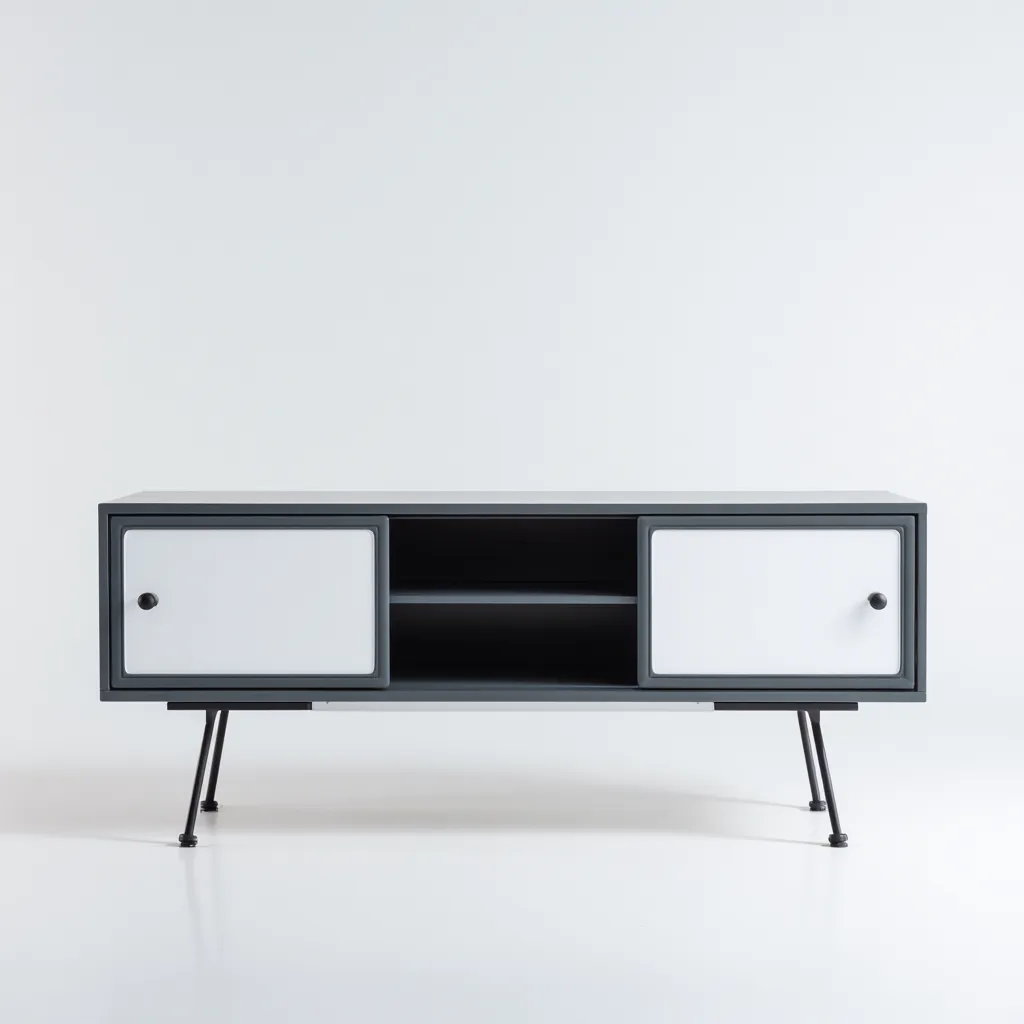 Szafka RTV z płyty MDF i metalu 140x40x55 cm - szaro-biała - do salonu - nowoczesny minimalistyczny design-Vamonoroom