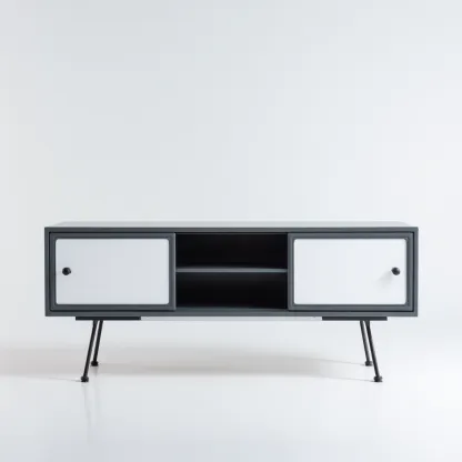 Szafka RTV z płyty MDF i metalu 140x40x55 cm - szaro-biała - do salonu - nowoczesny minimalistyczny design-Vamonoroom