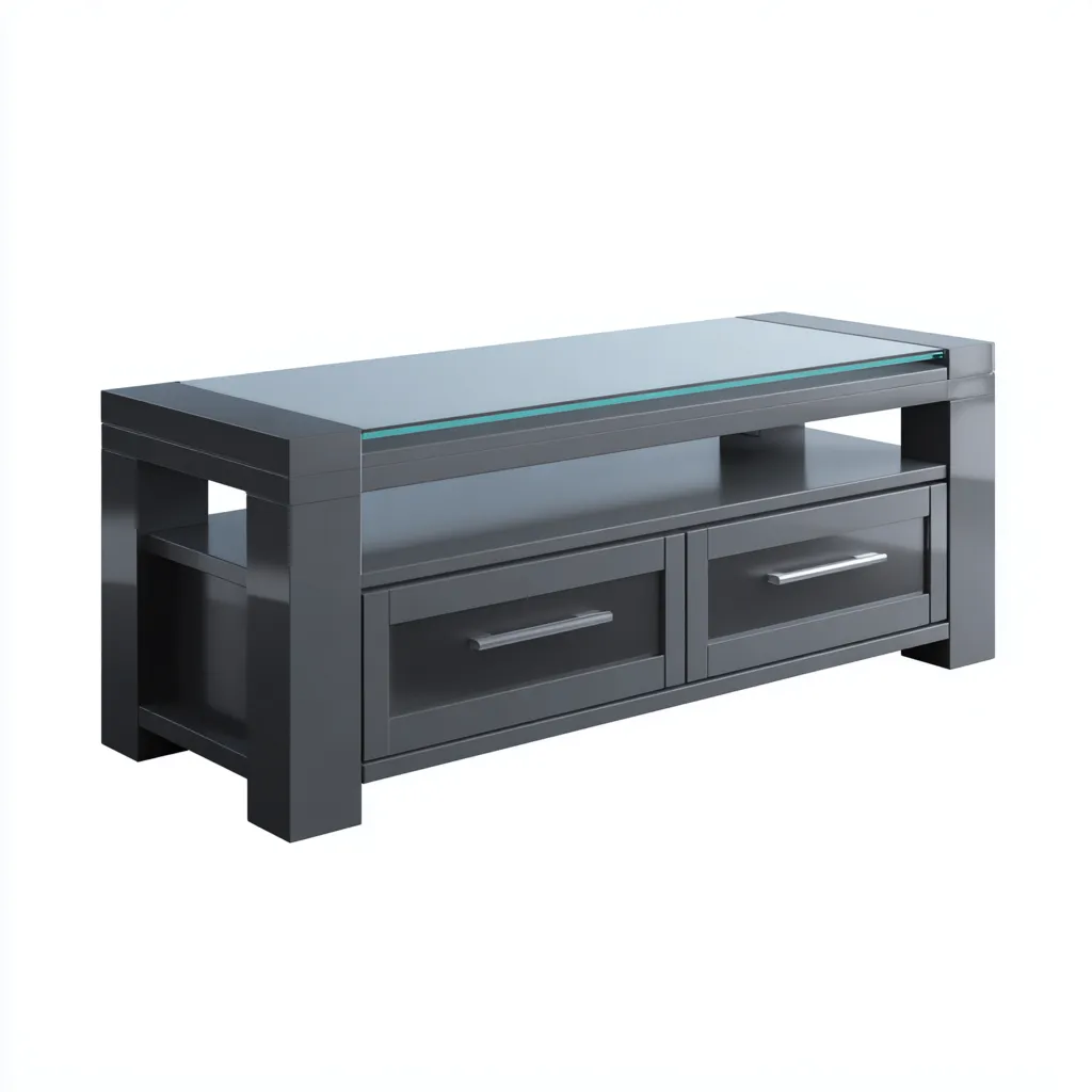 Szafka RTV z płyty MDF i szkła hartowanego 130x45x55 cm - ciemnoszara - do salonu - nowoczesny design z połyskiem-Vamonoroom