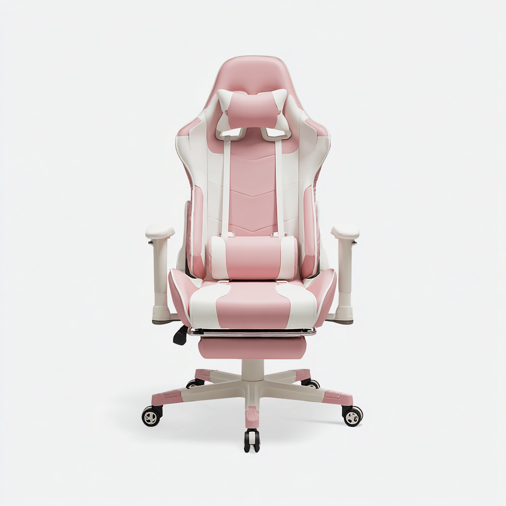 Krzesło biurowe gamingowe z ekoskóry z podnóżkiem 67x65x125 cm - różowo-białe - do pracy i grania - styl sportowy-Vamonoroom