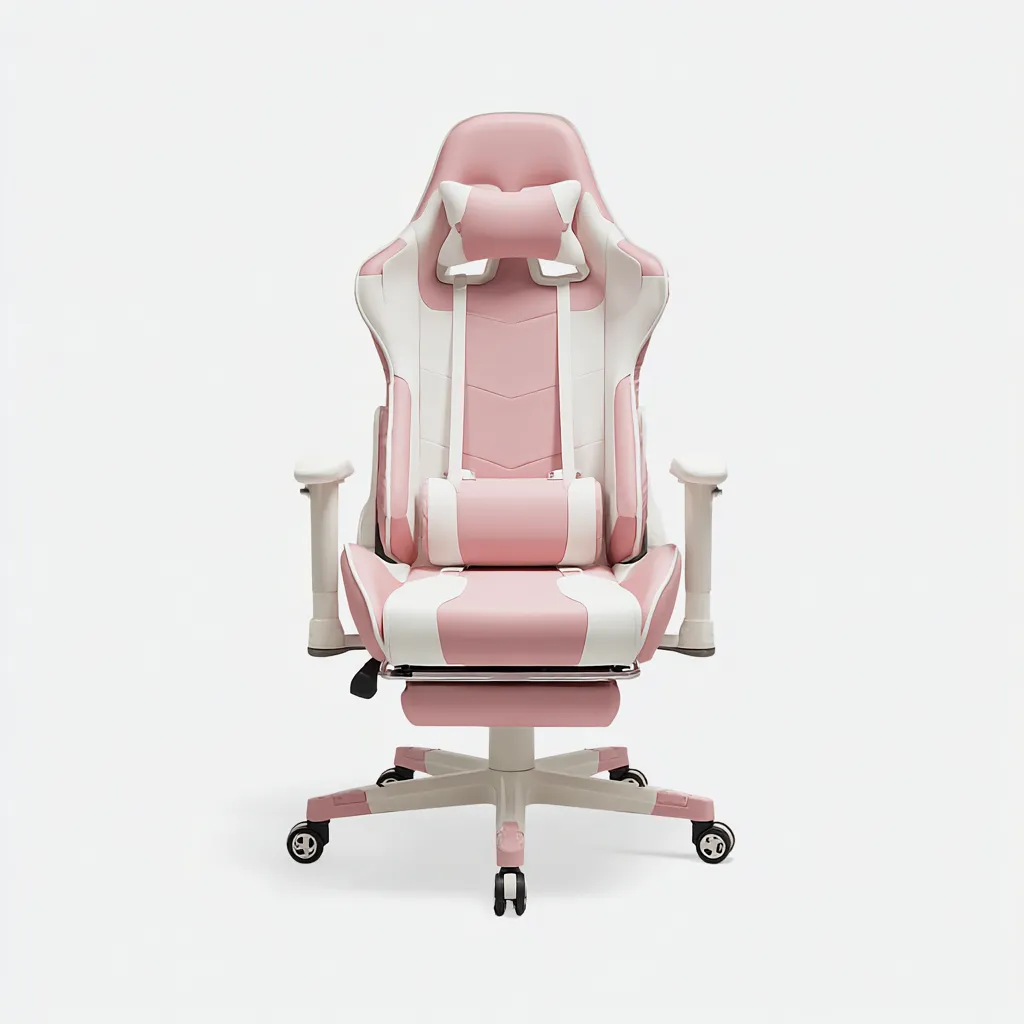 Krzesło biurowe gamingowe z ekoskóry z podnóżkiem 67x65x125 cm - różowo-białe - do pracy i grania - styl sportowy-Vamonoroom