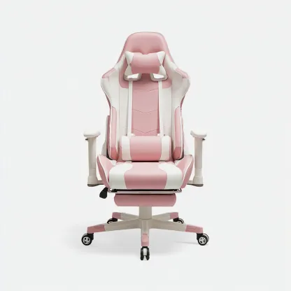 Krzesło biurowe gamingowe z ekoskóry z podnóżkiem 67x65x125 cm - różowo-białe - do pracy i grania - styl sportowy-Vamonoroom