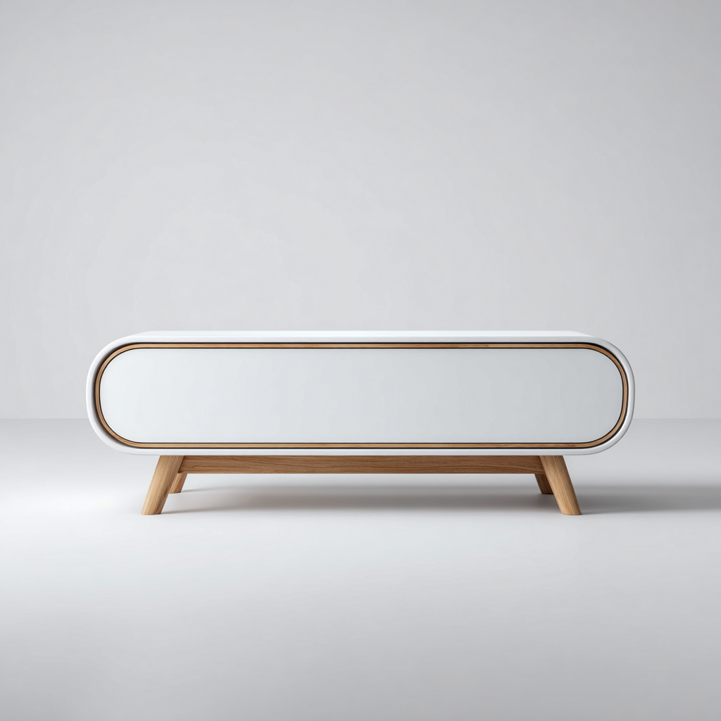 Szafka RTV z płyty MDF i drewna dębowego 140x45x50 cm - biała - dąb - do salonu - nowoczesny minimalistyczny design-Vamonoroom