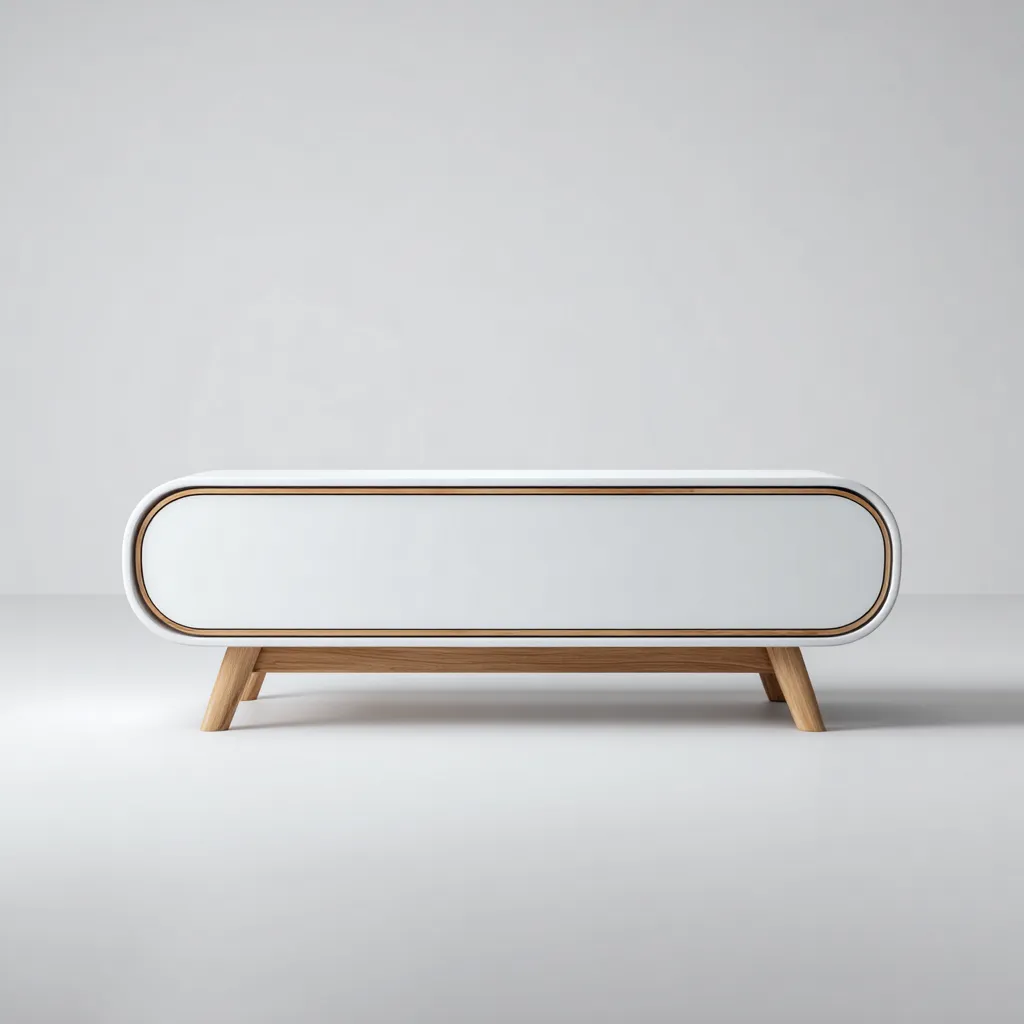 Szafka RTV z płyty MDF i drewna dębowego 140x45x50 cm - biała - dąb - do salonu - nowoczesny minimalistyczny design-Vamonoroom