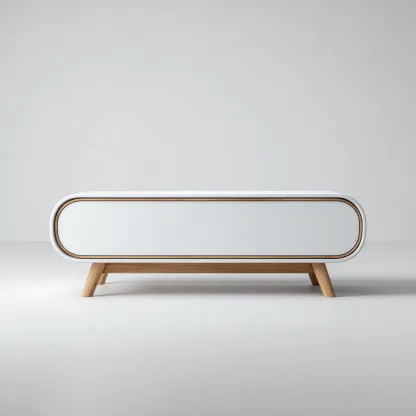 Szafka RTV z płyty MDF i drewna dębowego 140x45x50 cm - biała - dąb - do salonu - nowoczesny minimalistyczny design-Vamonoroom