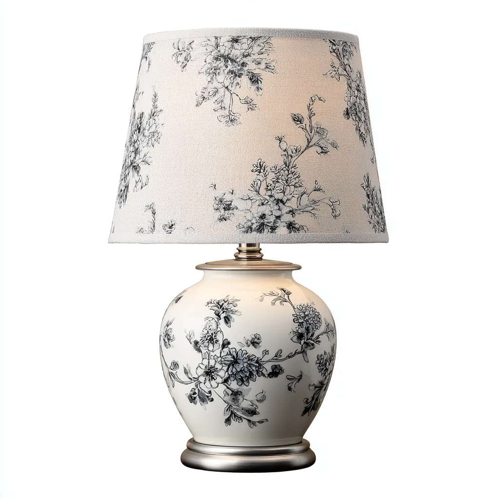 Lampa stołowa ceramiczna z abażurem z tkaniny 30x50 cm - biały - szary - do salonu i sypialni - styl klasyczny elegancki-Vamonoroom