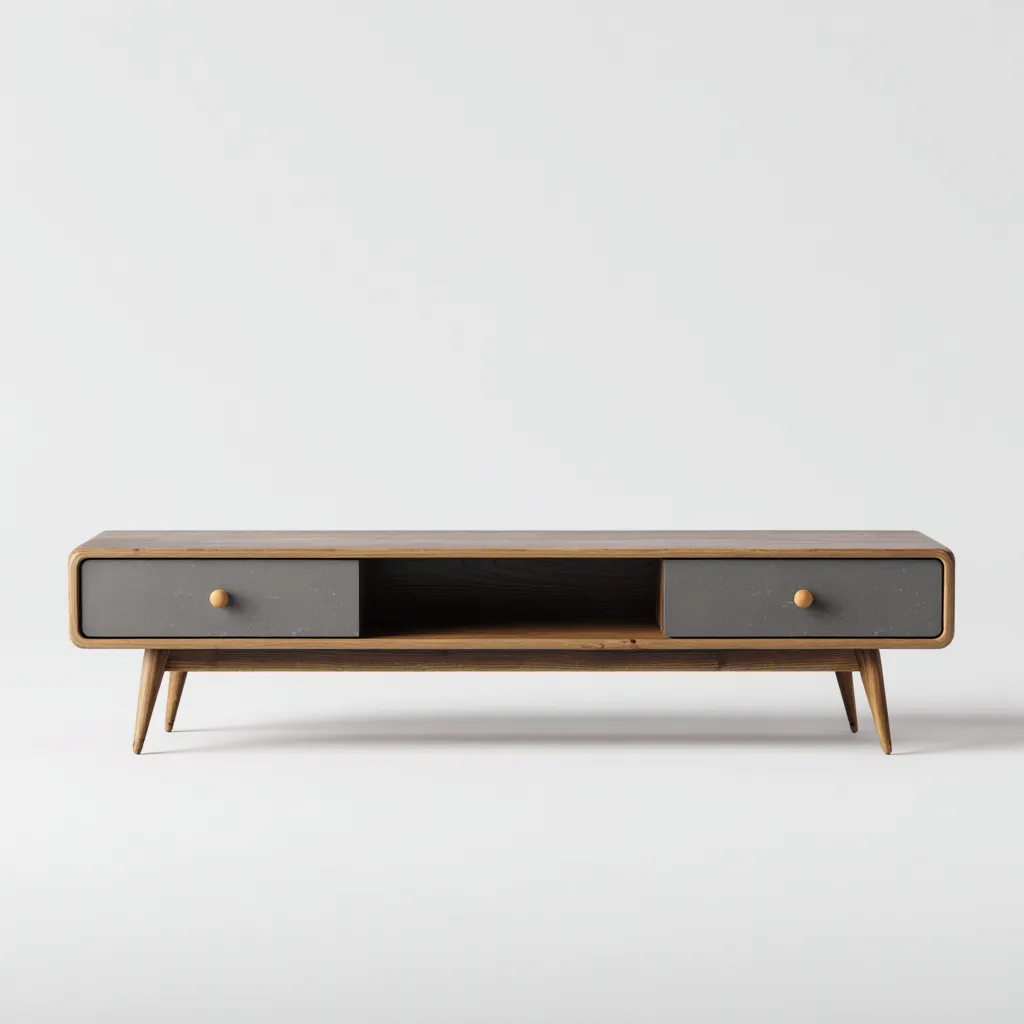 Szafka RTV z drewna i płyty MDF 150x45x45 cm - dąb - szary - do salonu - styl retro skandynawski-Vamonoroom