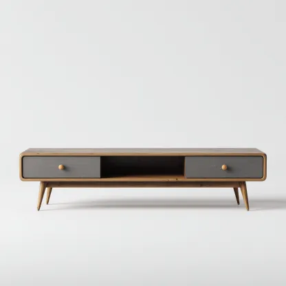 Szafka RTV z drewna i płyty MDF 150x45x45 cm - dąb - szary - do salonu - styl retro skandynawski-Vamonoroom