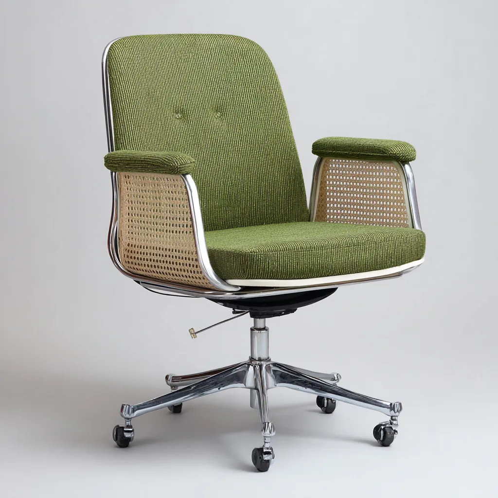 Krzesło biurowe z tkaniny i rattanu na metalowej podstawie 67x64x90 cm - zielone - do pracy biurowej - styl retro-Vamonoroom