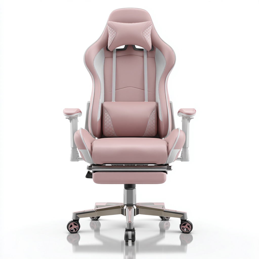 Krzesło biurowe gamingowe z ekoskóry z podnóżkiem 68x67x126 cm - różowo-białe - do pracy i grania - styl nowoczesny-Vamonoroom