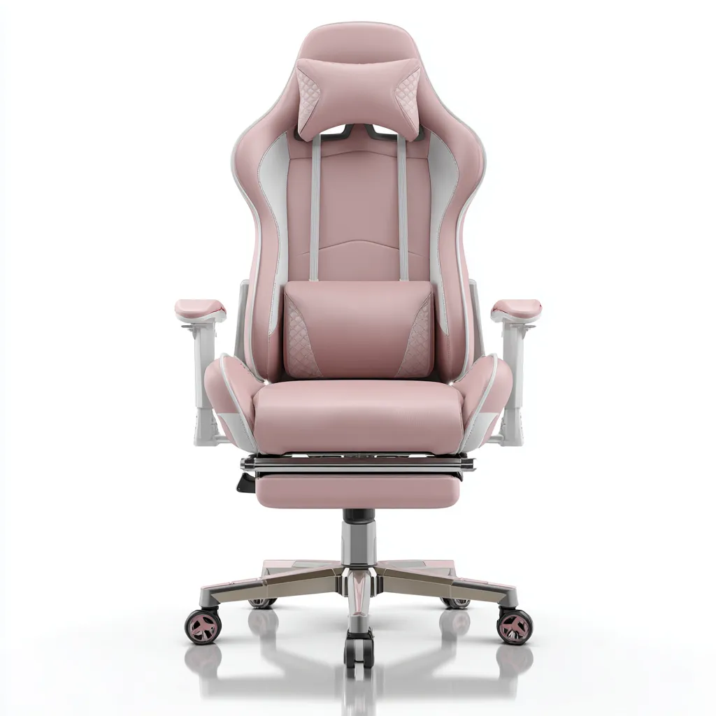 Krzesło biurowe gamingowe z ekoskóry z podnóżkiem 68x67x126 cm - różowo-białe - do pracy i grania - styl nowoczesny-Vamonoroom