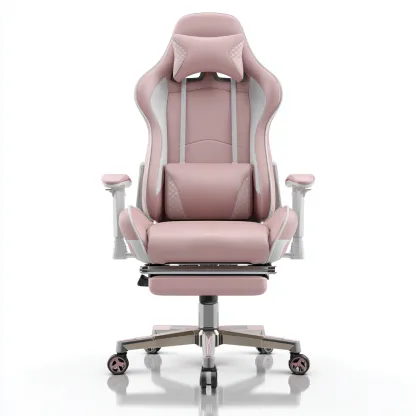 Krzesło biurowe gamingowe z ekoskóry z podnóżkiem 68x67x126 cm - różowo-białe - do pracy i grania - styl nowoczesny-Vamonoroom