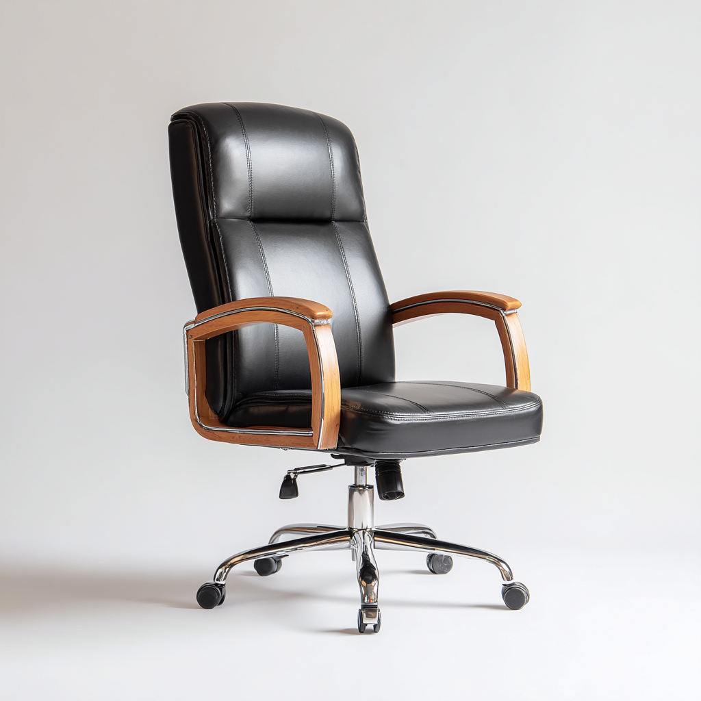 Krzesło biurowe z ekoskóry i drewnianymi podłokietnikami 68x65x115 cm - czarne - do pracy biurowej - styl nowoczesno-klasyczny-Vamonoroom