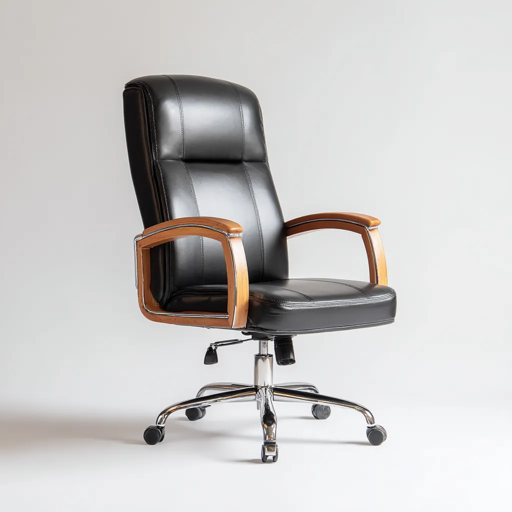 Krzesło biurowe z ekoskóry i drewnianymi podłokietnikami 68x65x115 cm - czarne - do pracy biurowej - styl nowoczesno-klasyczny-Vamonoroom