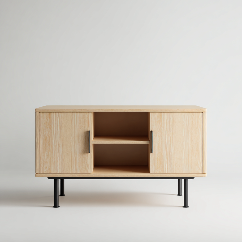 Szafka RTV z płyty MDF i metalu 120x40x80 cm - dąb jasny - do salonu - z półkami i drzwiami - nowoczesny skandynawski design-Vamonoroom