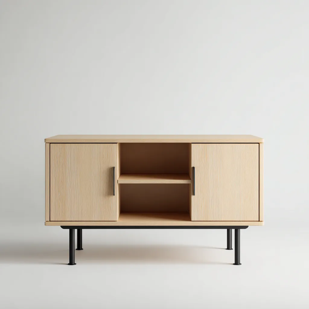 Szafka RTV z płyty MDF i metalu 120x40x80 cm - dąb jasny - do salonu - z półkami i drzwiami - nowoczesny skandynawski design-Vamonoroom